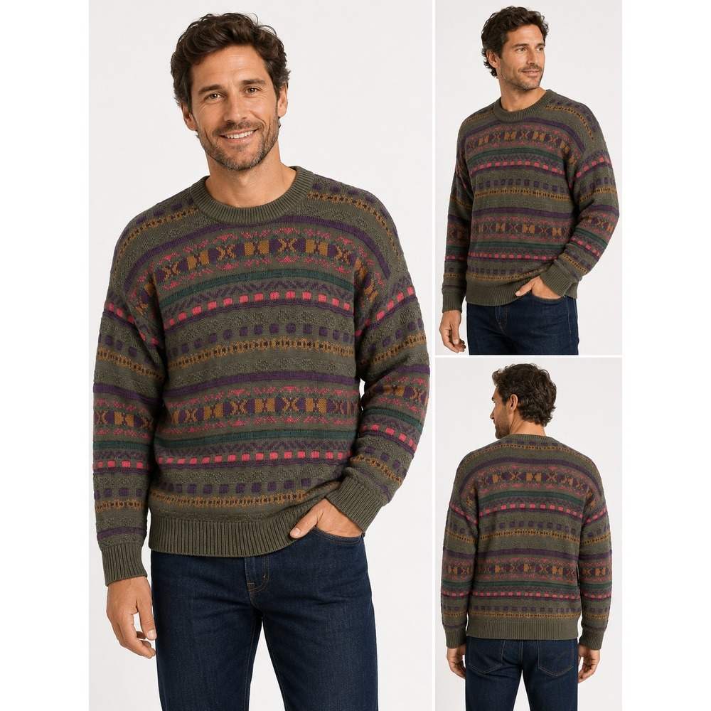 Olive Green Fair Isle Sweater Large Geometric Cotton Knit Grandpa Cottage Earthy